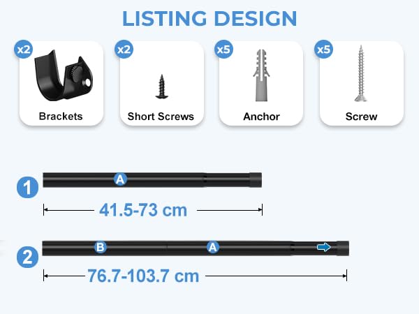 Wardrobe Rail 42-103cm Extendable Clothes Rail Black Wardrobe Pole Stainless Steel Adjustable Clothes Rail Heavy Duty Hanging Rails For