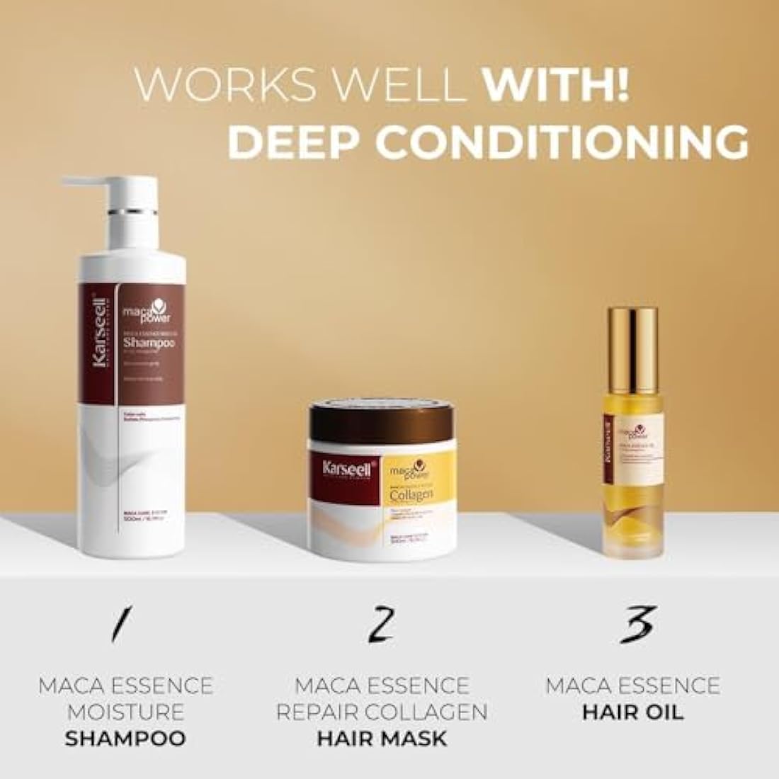 Karseell Maca Essence Moisturizing Repair Set: Collagen Hair Mask 500ml, Shampoo 500ml & Maca Essence Oil 50ml - Argan Oil Treatment for Dry Damaged Hair, All Types