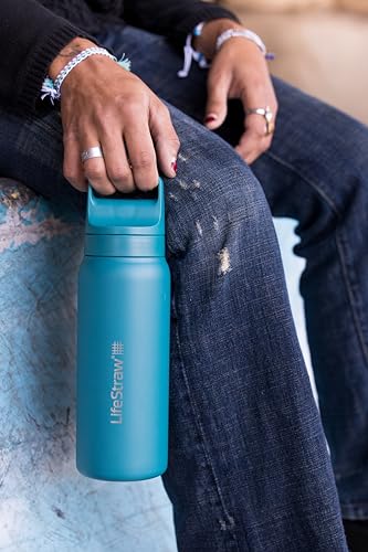 LifeStraw Go Series — Insulated Stainless Steel Water Filter Bottle for Travel and Everyday Use Removes Bacteria, Parasites and Microplastics, Improves Taste, 24oz Laguna Teal