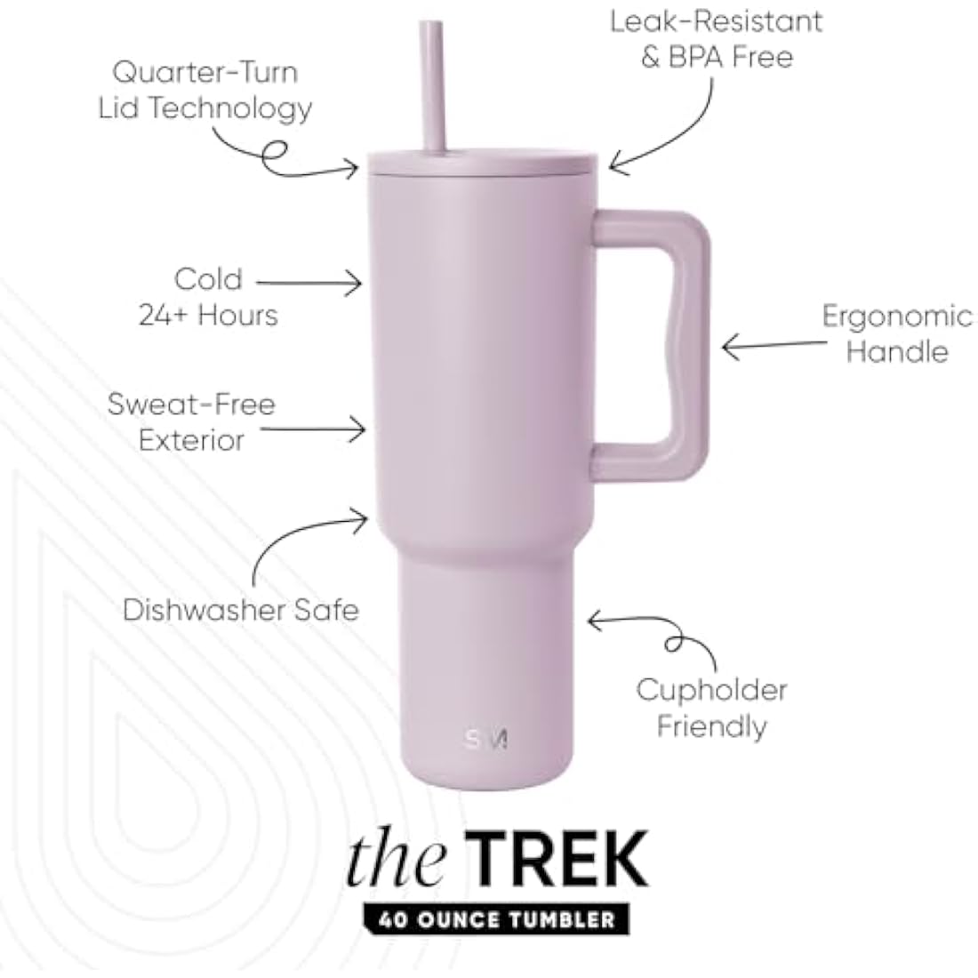 Simple Modern Tumbler 40 oz with Handle and Straw | Insulated Stainless Steel Water Bottle Iced Coffee Cup Travel Mug | Gifts for Women & Men | Trek | 1180ml | Lavender Mist