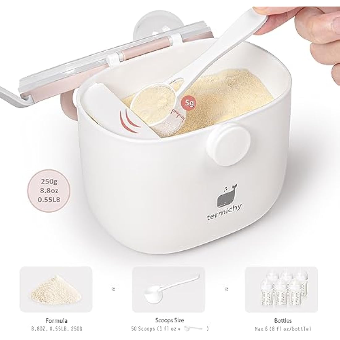 Termichy Milk Powder Scoop Baby Milk Powder Dispenser, 250 g Airtight Portable Milk Powder Container for Travel, with Scraper and Spoon (Pink and White, 1 Piece)