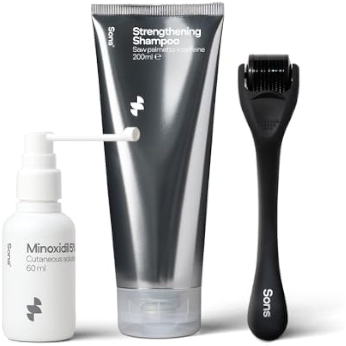 Sons Minoxidil 5%, Strengthening Shampoo and Dermaroller for Men. Hair Regrowth Treatment. Hair Growth Shampoo With Caffeine. Thickening, Anti-Dandruff, DHT Blocker. 1 Month Supply. Made in Europe.