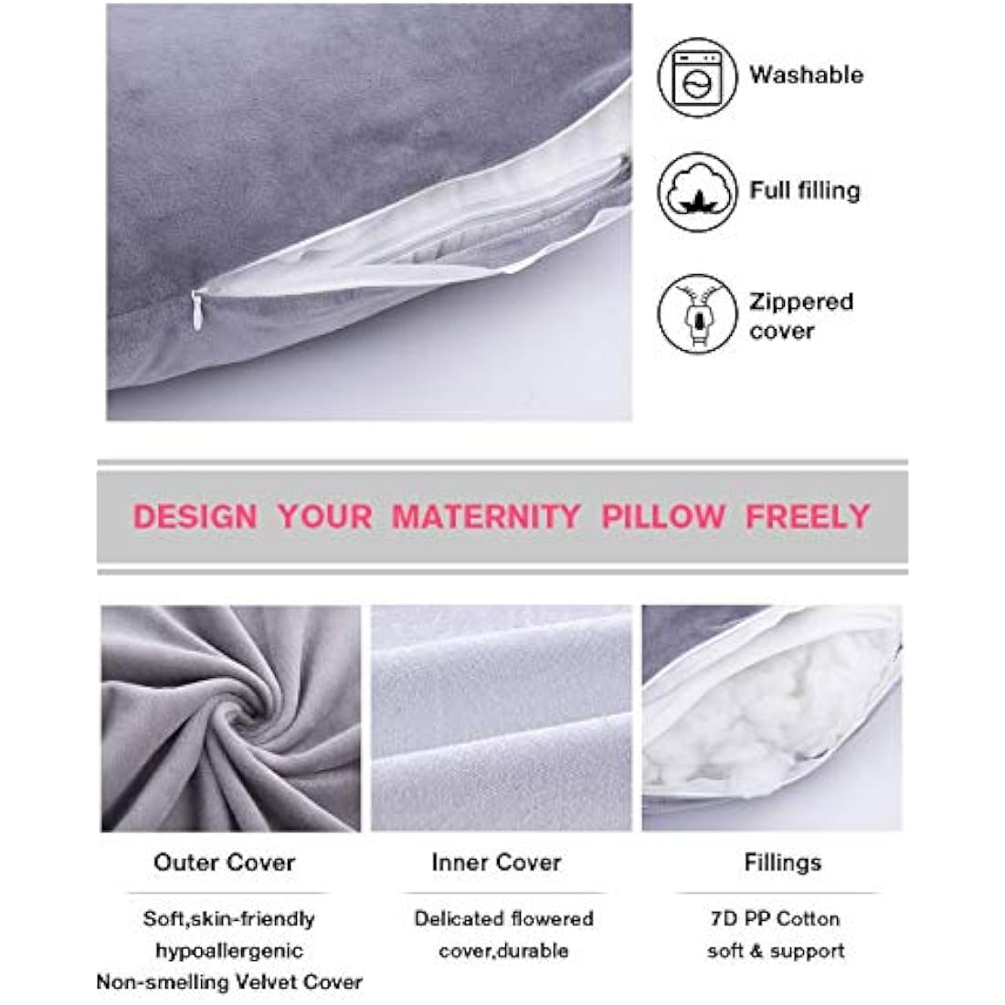 AS AWESLING Pregnancy Pillow, U Shaped Full Body Pillow, Nursing, Support and Maternity Pillow for Pregnant Women with Removable Velvet Cover (Grey)
