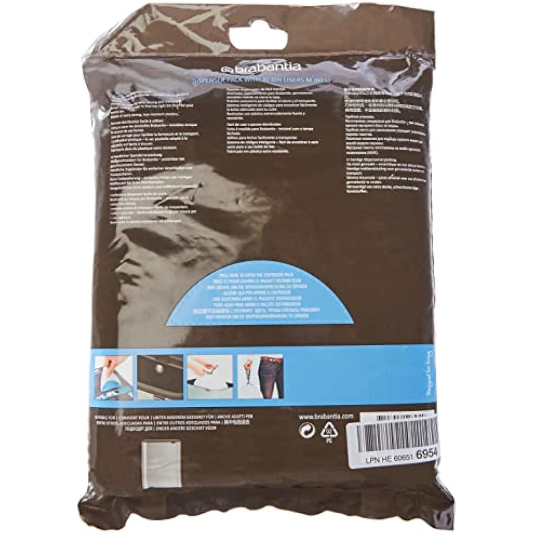 Brabantia PerfectFit Bin Liners (Size M/60 Litre) High Quality Thick Plastic Trash Bags with Tie Tape Drawstring Handles (30 Bags), White
