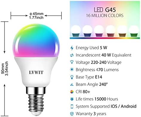 LVWIT E14 Smart Bulb,P45 RGB Golf Ball Smart Light Bulb,470Lm,5W Replace 40 Watt,WiFi LED Light Bulbs Dimmable Compatible with Alexa,Echo and Google Assistant,Tuya(Pack of 6)