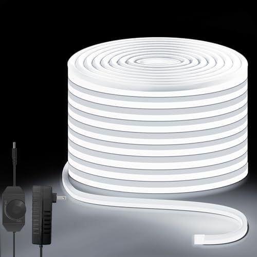 Lucienstar White LED Strip Lights - 24v Cool White Dimmable Neon Light Strip, 10M IP67 Waterproof Strip Lights,Flexible Neon Strip Light for Home Decor (Power Adapter Included)