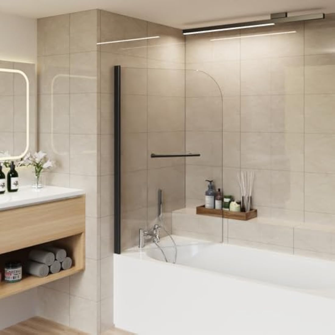Aquariss 800x1400 Bath Screen Pivot Bath Shower Easy Clean Glass Screen Reversible Door Panel Black with Towel Rail