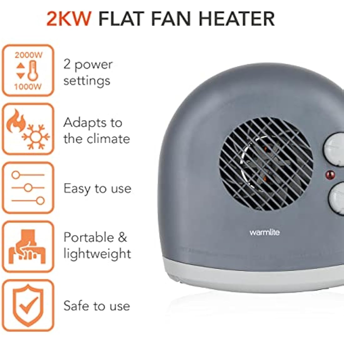 Warmlite WL44004DT 2000W Portable Flat Fan Heater with 2 Heat Settings and Overheat Protection, Dark Titanium