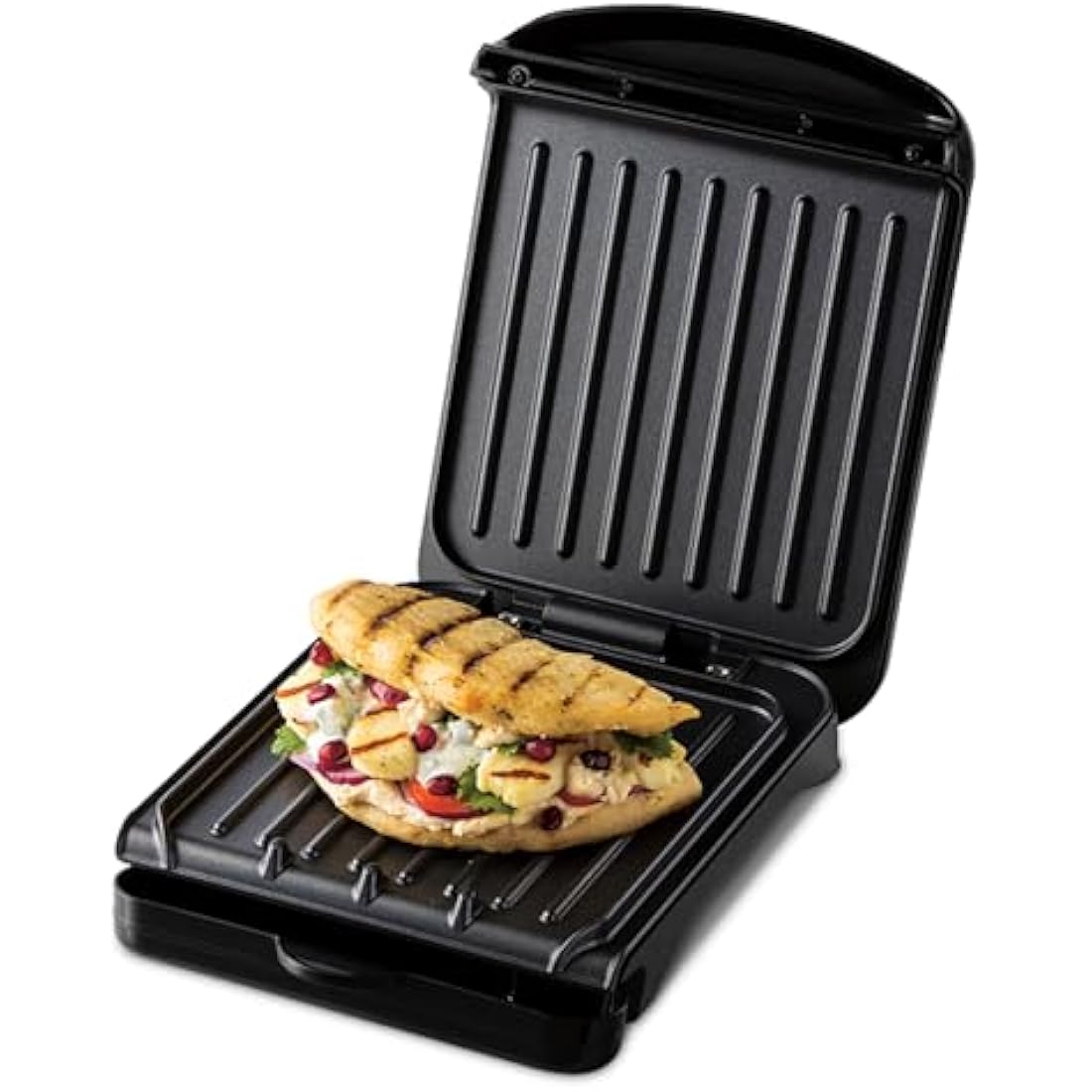 George Foreman Small Electric Fit Grill [Non stick, Healthy, Griddle, Toastie, Hot plate, Panini, BBQ, Energy saving, Vertical storage, Easy clean, Drip tray, Ready to cook light] Black, 760W 25800