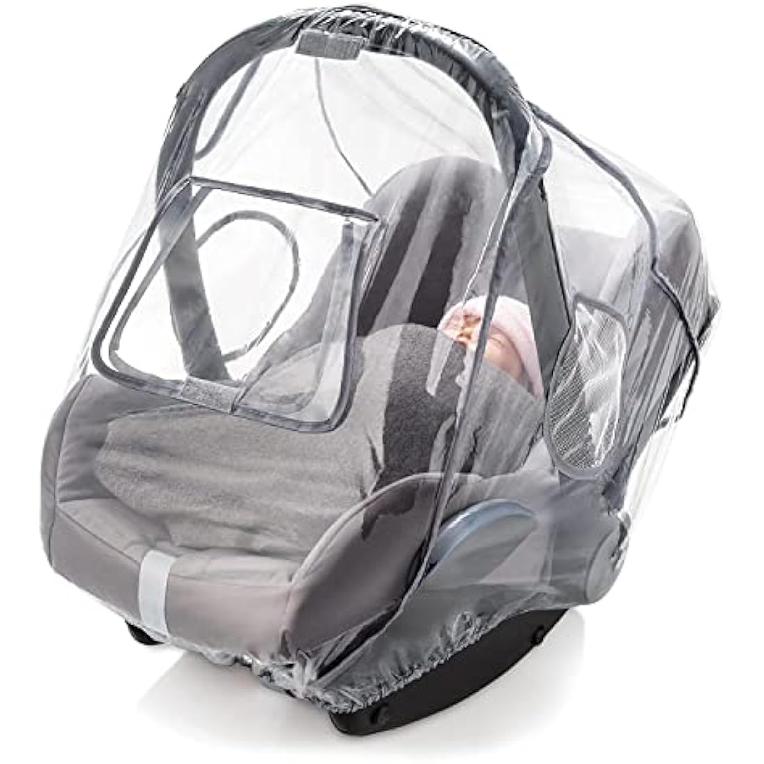 ZAMBOO Universal Car Seat Rain Cover with Quick-Access Window (to fit Maxi COSI/Cybex/Graco/Joie/Nuna e.g.) - Baby Car Seat Rain Cover, Dual Side Ventilation, Handle Opening - Grey