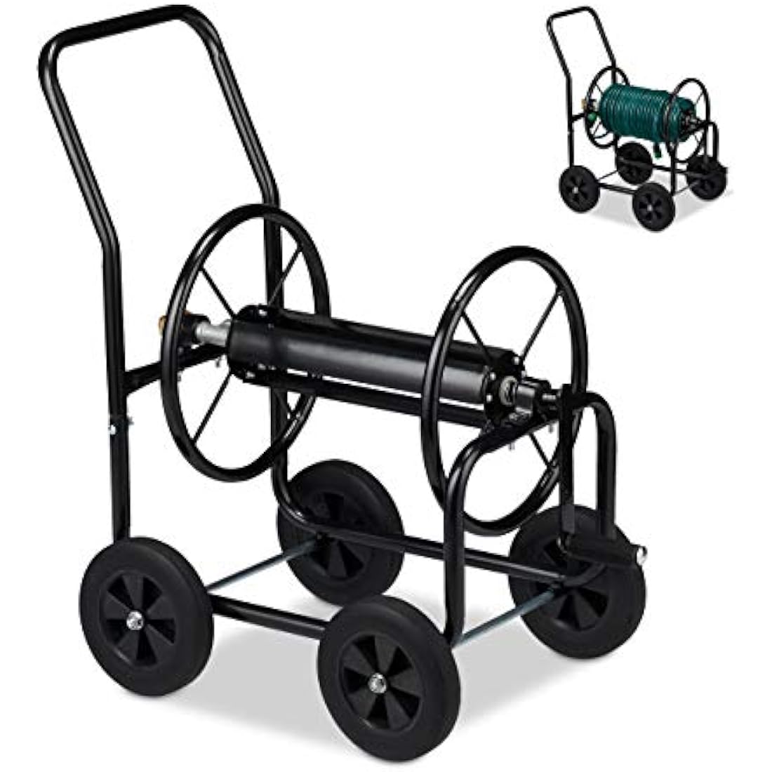 Relaxdays Hose Cart Metal, 4 Rubber Wheels, XL Garden Hosepipe Trolley, Crank, Holds 60 m, HWD 81 x 48 x 80 cm, Black, Steel