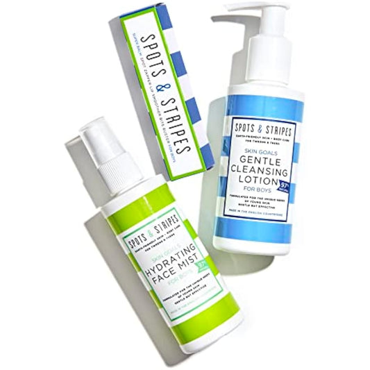 Spots & Stripes - Teen Skincare Essentials for Boys, Effective and Natural Essentials for Teen and Young Skin, with Virgin Coconut, Niaouli and Aloe Vera, Super Gentle