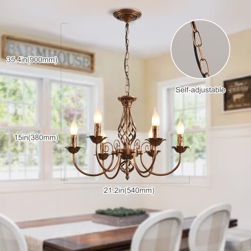 JIINOO Traditional Country Style Chandelier, Bronze Vintage Height Adjustable Wrought Iron Candlestick, 6 Lights Ceiling Lamp Farmhouse Pendant Lamp for Living Room Kitchen Dining Room