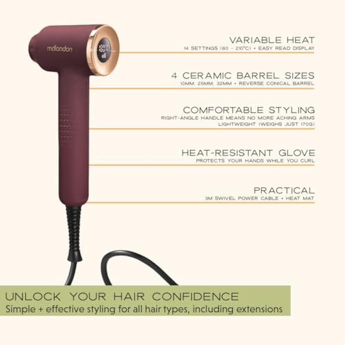 mdlondon CURL Hair Curling Wand (Berry). 4-in-1 Hair Curler with 10mm, 25mm, 32mm & Reverse Conical Barrels. Hair Waver with 14 Heat Settings, Carry Case & Mat - Genuine mdlondon Curling Iron