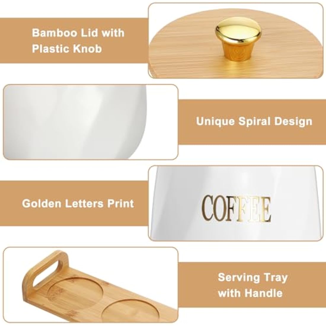 BTSKY Ceramic Kitchen Canisters with Lid and Tray - White Airtight Sugar Coffee Tea Containers with Wooden Tray, Food Storage Jars for Kitchen Counter
