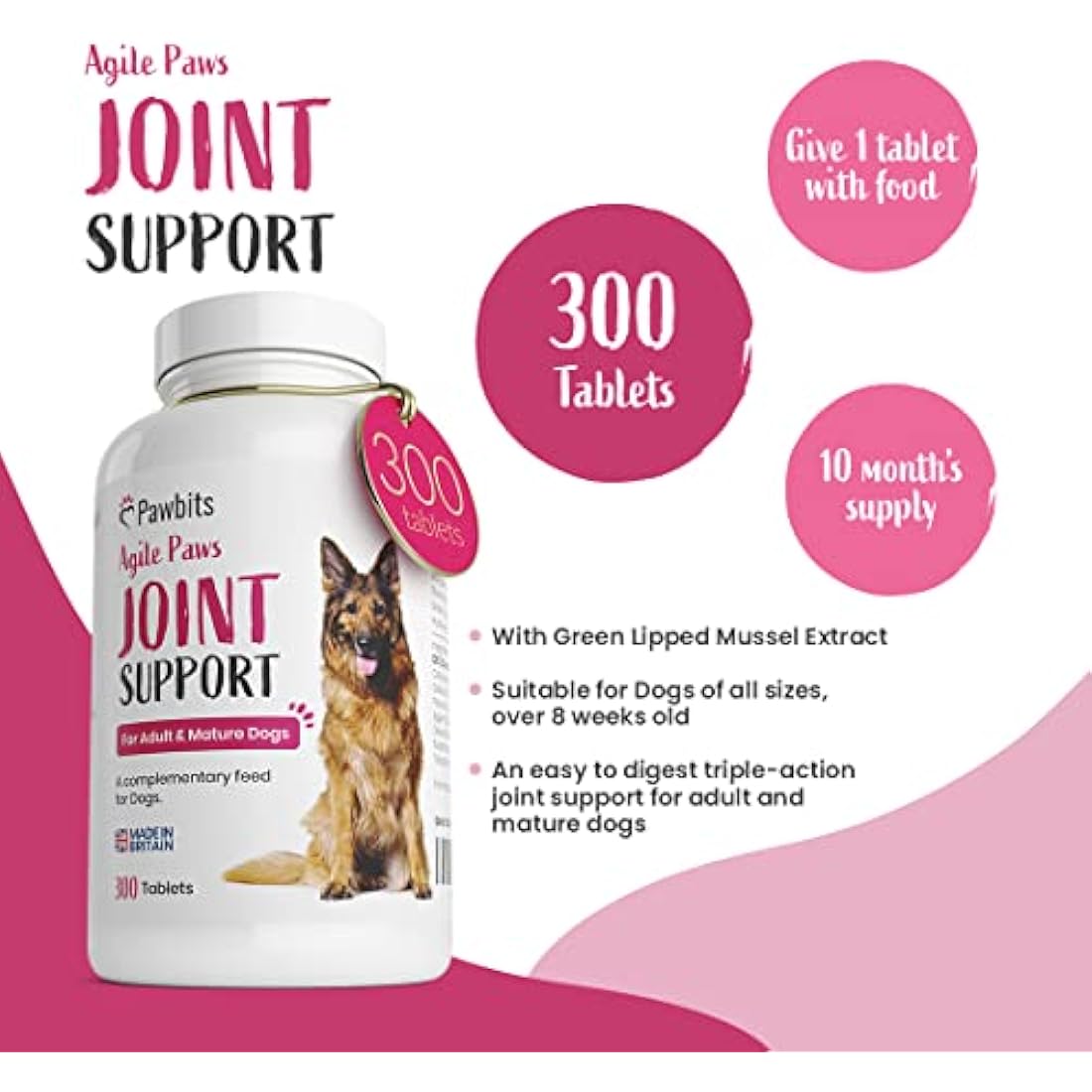 Pawbits 300 Adult Senior Dog Hip & Joint Supplements for Older Mature Dogs. High Strength Green Lipped Mussel Supplement for Elderly Dogs with Stiff Joints - Glucosamine, Vitamin C & E