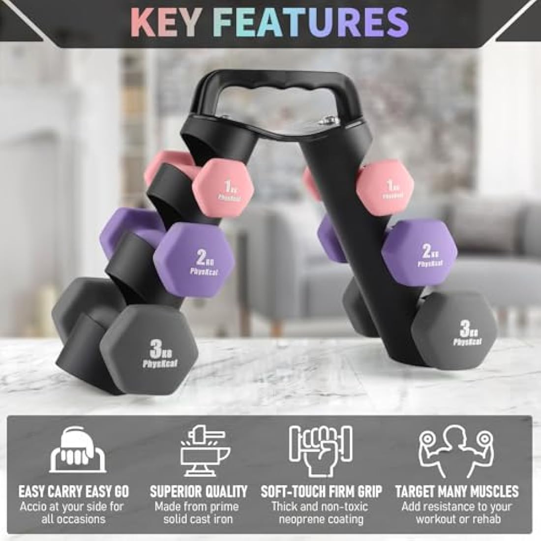 PhysKcal Dumbbells Set with Storage Rack, Hand Weights Set for Home, Gym & Studio