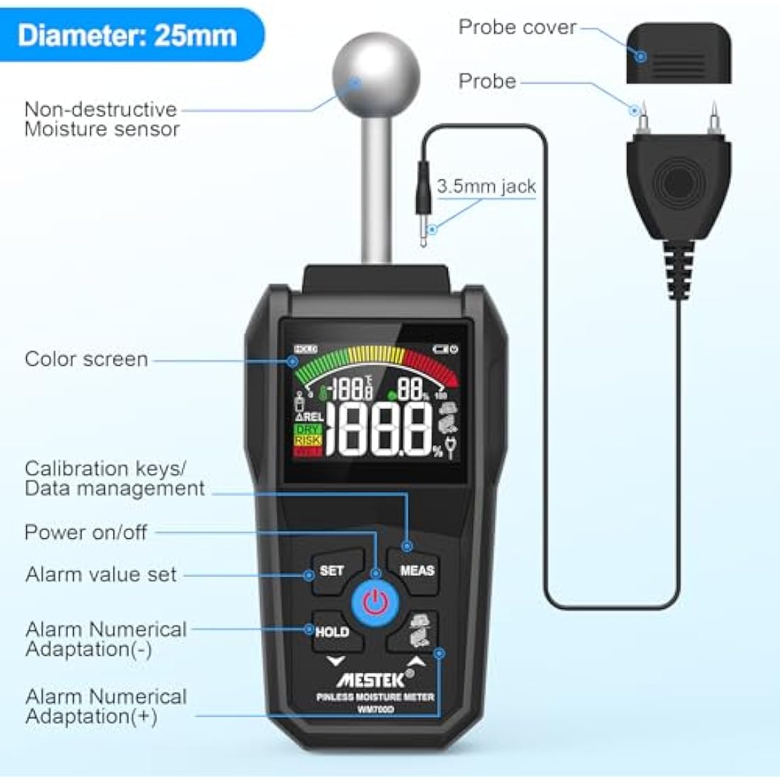 Moisture Meter,MESTEK Damp Meter,2 in 1 Damp Meter for Walls Pin & Pinless with Color LCD and Audible Alarm, Detects 20-40mm of Wall, Wood, Masonry, Concrete and Other Building Materials