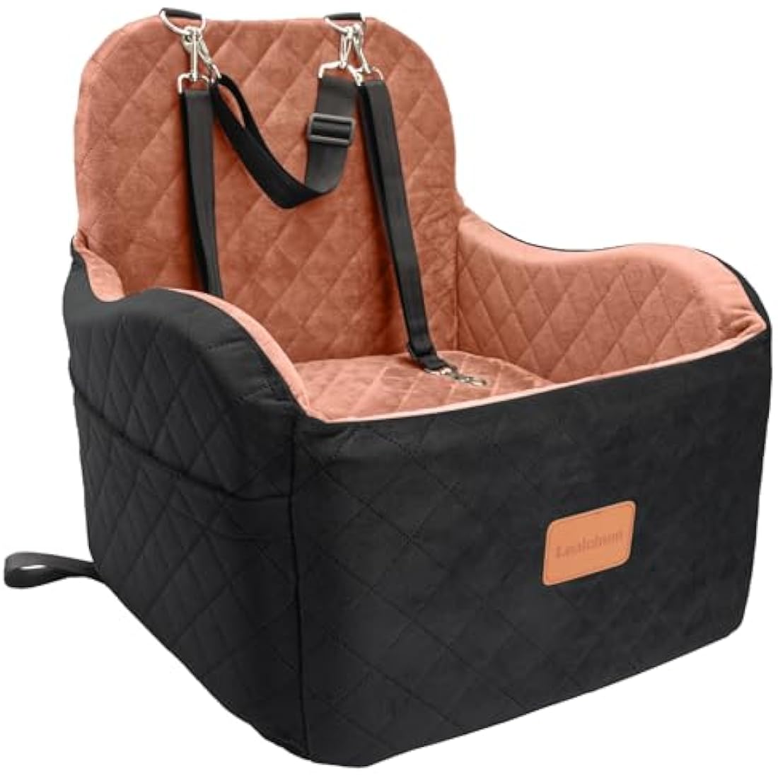 Lealchum Dog Booster Car Seat for S/M Dogs Up to 35lbs,Soft 6in Elevated Cushion,Fits in Front/Back Seat,Fully Detachable and Washable,2 Storage Pockets & 3 Straps,Easy to Install (Black/Brown,Medium)