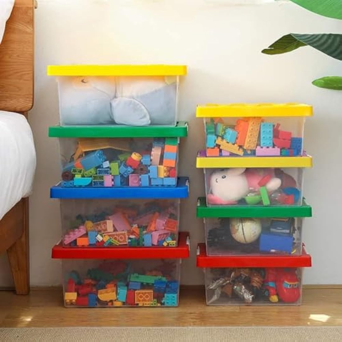 Greentainer Toy Storage Organizer Bins with Lid - Stackable Plastic Organizer Box Set of 2, Kids Toy Chests with Compatible Building Baseplate and Lid, Storage Container for Building Bricks & Toys,Red