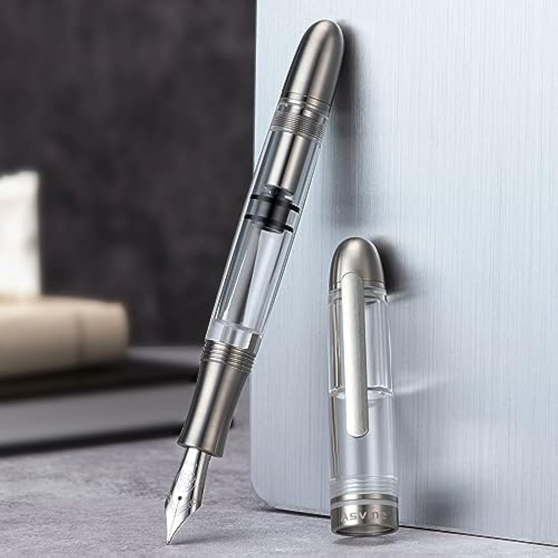 Asvine P36 Titanium Fountain Pen Piston Filling, Bock Fine Nib Clear Transparent Acrylic Smooth Writing Pen Case Set, Torpedo shape
