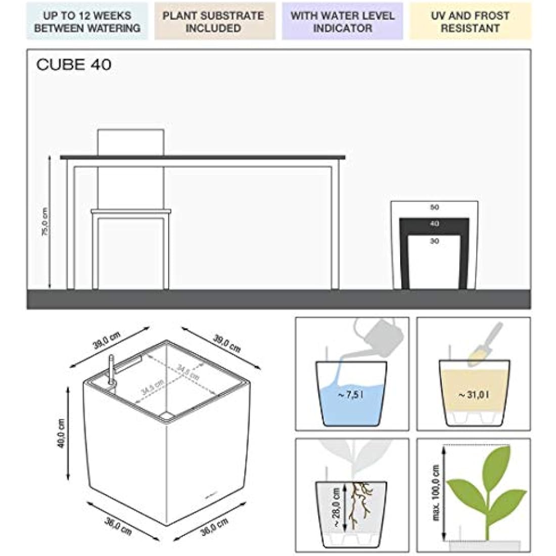 LECHUZA CUBE Premium 40 taupe high gloss 16365