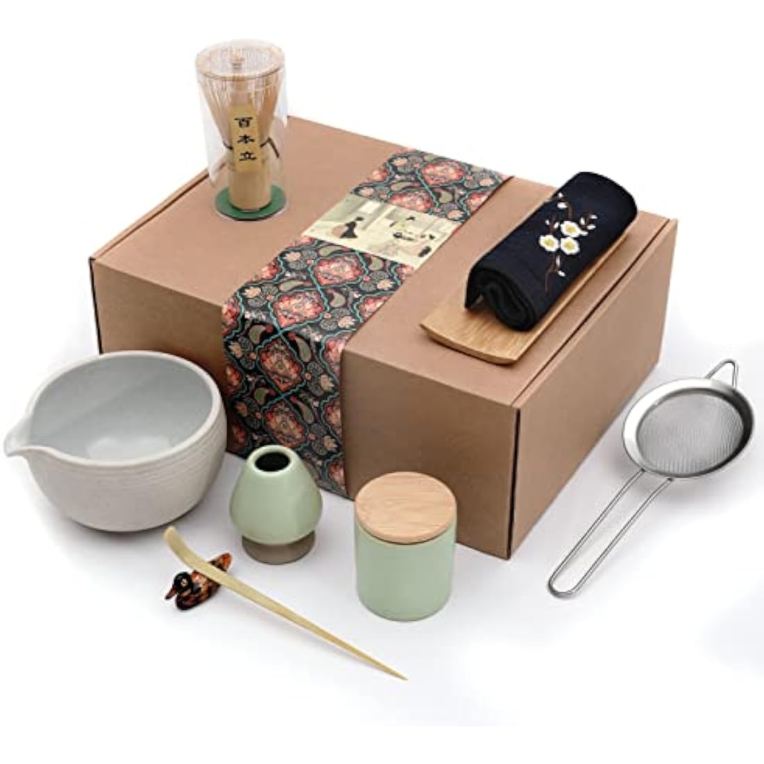 Artcome Japanese Matcha Tea Set, Matcha Bowl with Pouring Spout, Matcha Whisk, Tea Scoop, Ceramic Whisk Holder, Matcha Powder Caddy, Handmade Matcha Ceremony Kit for Japanese Tea Ceremony (9Pcs)
