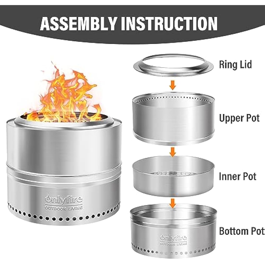 Onlyfire Φ50 cm Smokeless Fire Pit Wood Burning, Stainless Steel Portable Outdoor Bonfire Stove with Carrying Bag for Camping, Tailgating, Patio, Backyard Party and Beach