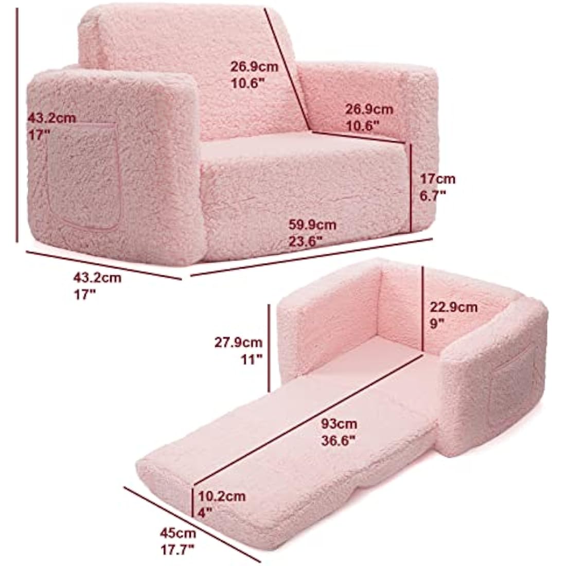 BEJOY Kids Sofa Bed 2-in-1 Flip Out Cuddly Sherpa Toddler Couch Convertible Sofa to Lounger Children Sofa Bed Children's Day and Birthday Gift for Girls Boys, Pink