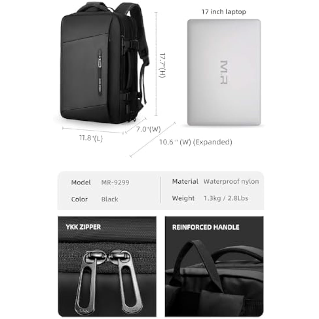MARK RYDEN Laptop Backpack, Expandable 26L-38L Travel Backpack Cabin Size, Business Backpack Men with USB Charging Port Fit 17.3 Laptop-YKK Zip