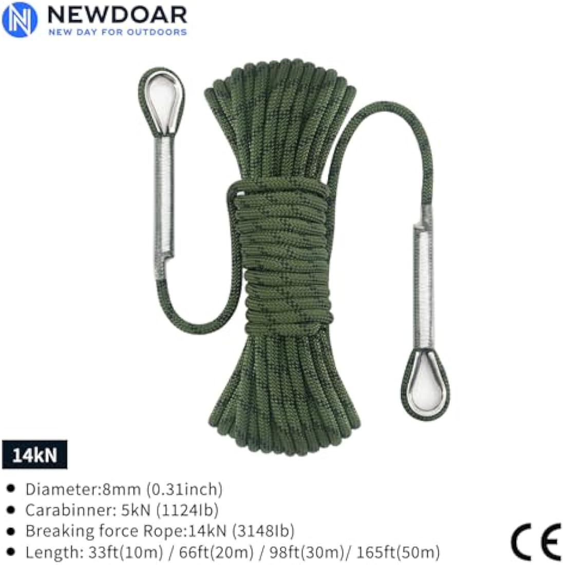NewDoar 14KN Static Climbing Rope 8mm Accessory Cord Equipment 33FT(10M) 66FT(20M) 98FT(30M) 165FT(50M) Escape Rope with 2 Carabiners for Ice Climbing Fire Rescue Rope Safety Rope
