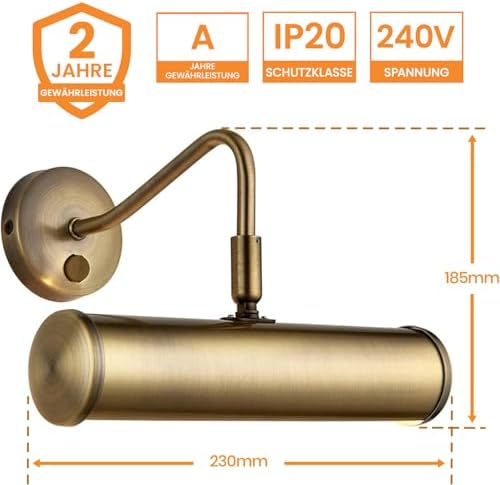 National Lighting Traditional Decorative Picture Light - Antique Brass Finish LED Picture/Display Wall Lamp with Rocker Switch 230mm - Compatible with 6.2W LED E14 (Not Included)