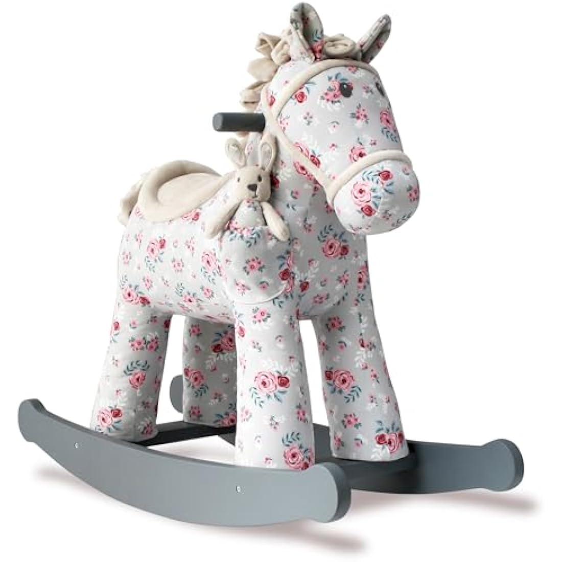 Little Bird Told Me - Lily & Rose Rocking Horse for Toddler 12+ Months Unisex - Grey & Pink Floral Printed Fabric, Solid Wooden Frame & Rockers, Removable Plush Toy - British Brand Since 2007
