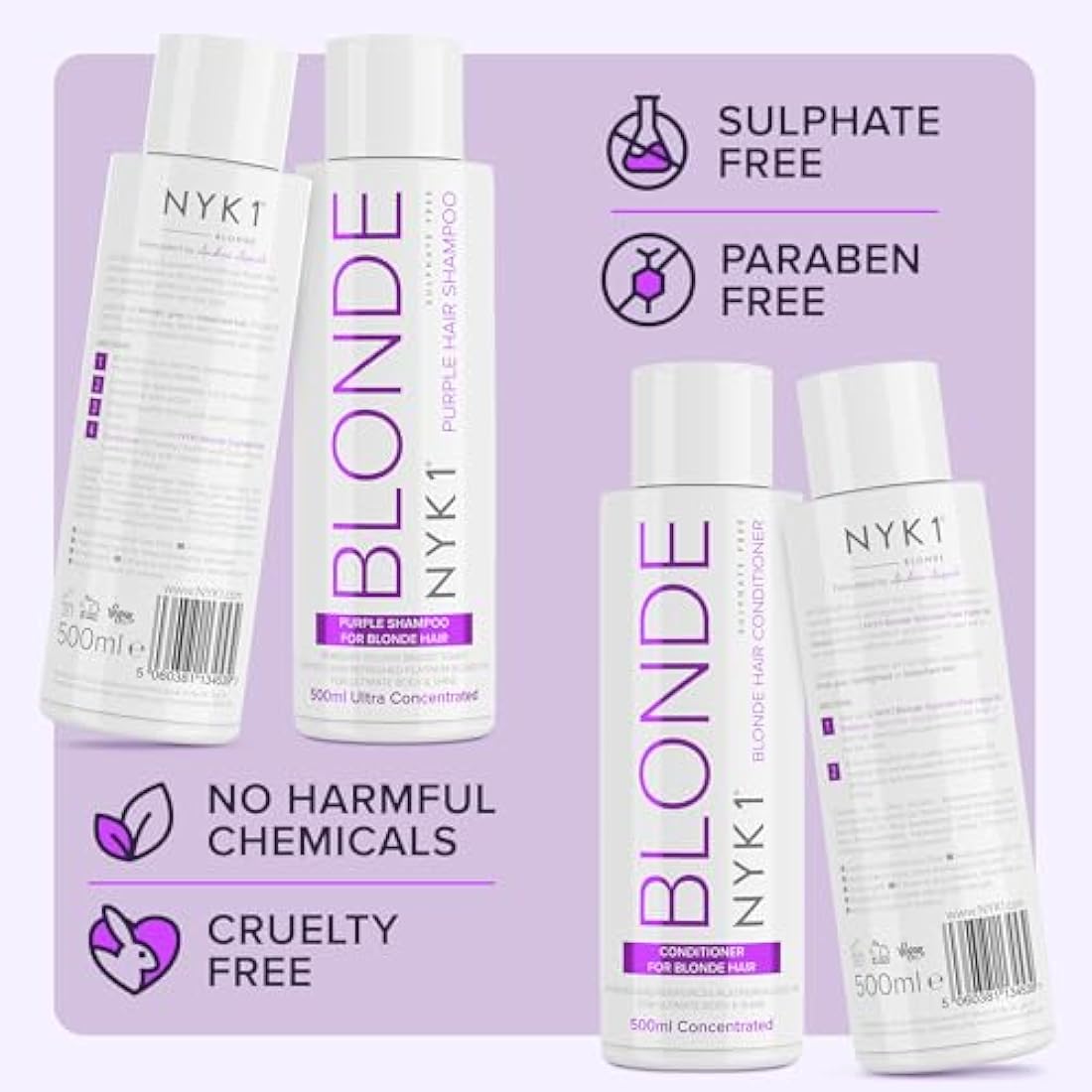 NYK1 Purple Shampoo And Conditioner For Blonde Hair (500ml x2) SULPHATE FREE Toner Bleached - Sets Silver