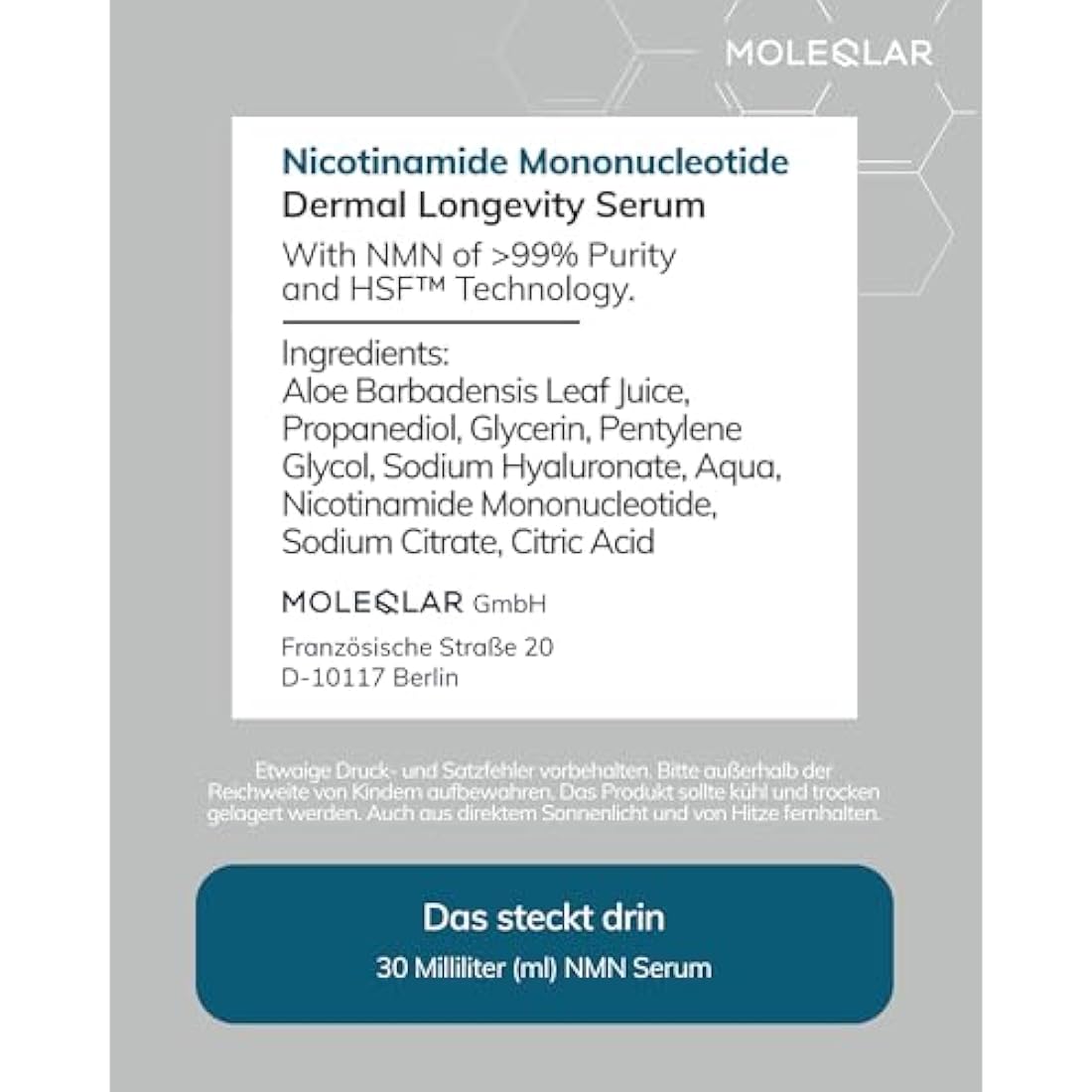 MoleQlar NMN Face Serum 30 ml - Longevity for Your Skin - with Patented HSF Technology and High-Purity Uthever NMN