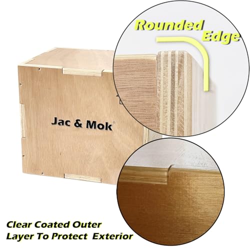 Jac & Mok Wooden Plyo Box - Non-Slip Plyometric Box for Jumping Exercise - Workout Step Platform, Heavy Duty (A. Wood Color - (16/14/12))