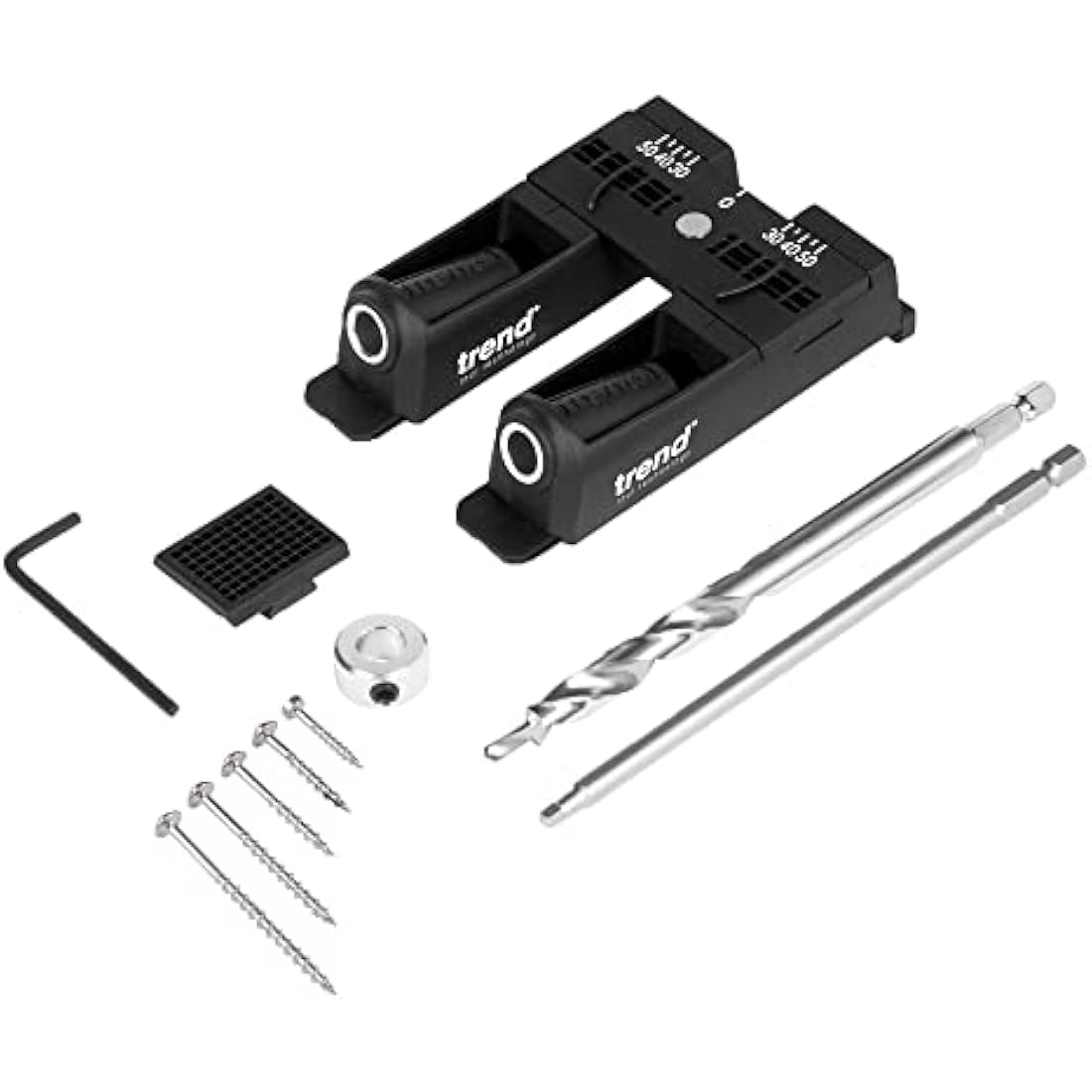 Trend 3 in 1 Pocket Hole Jig Kit with Pocket Hole Jig, HSS Drill Bit & Depth Setting Collar, Square Drive Bit, 50 Screws & Kit Storage Case, PH/JIG/BK