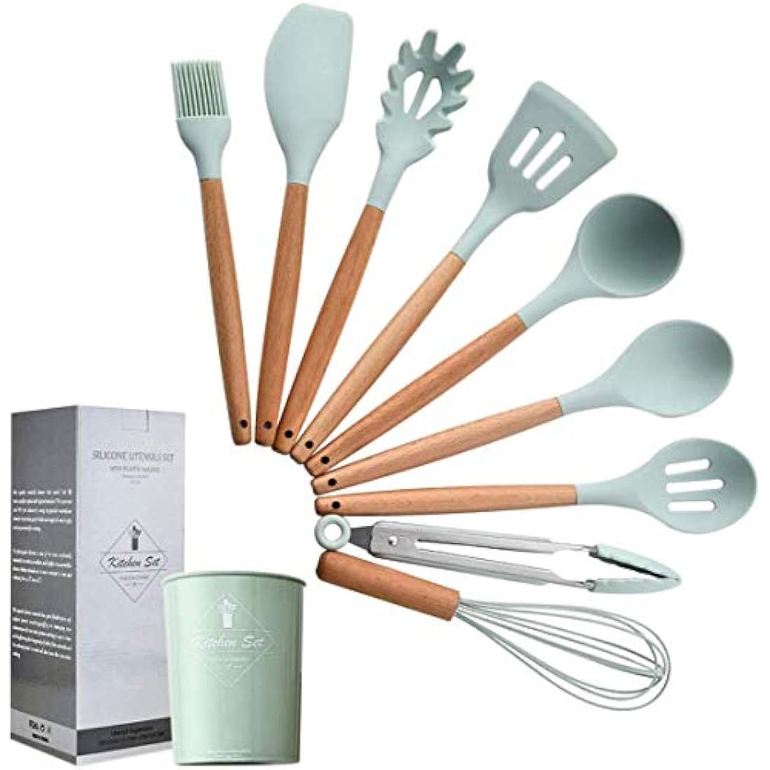 Zerobox Silicone Kitchen Utensil Set-9 Pieces Natural Wooden Handles Cooking Tools Turner Tongs Spatula Spoon for Nonstick Cookware, Mint Green