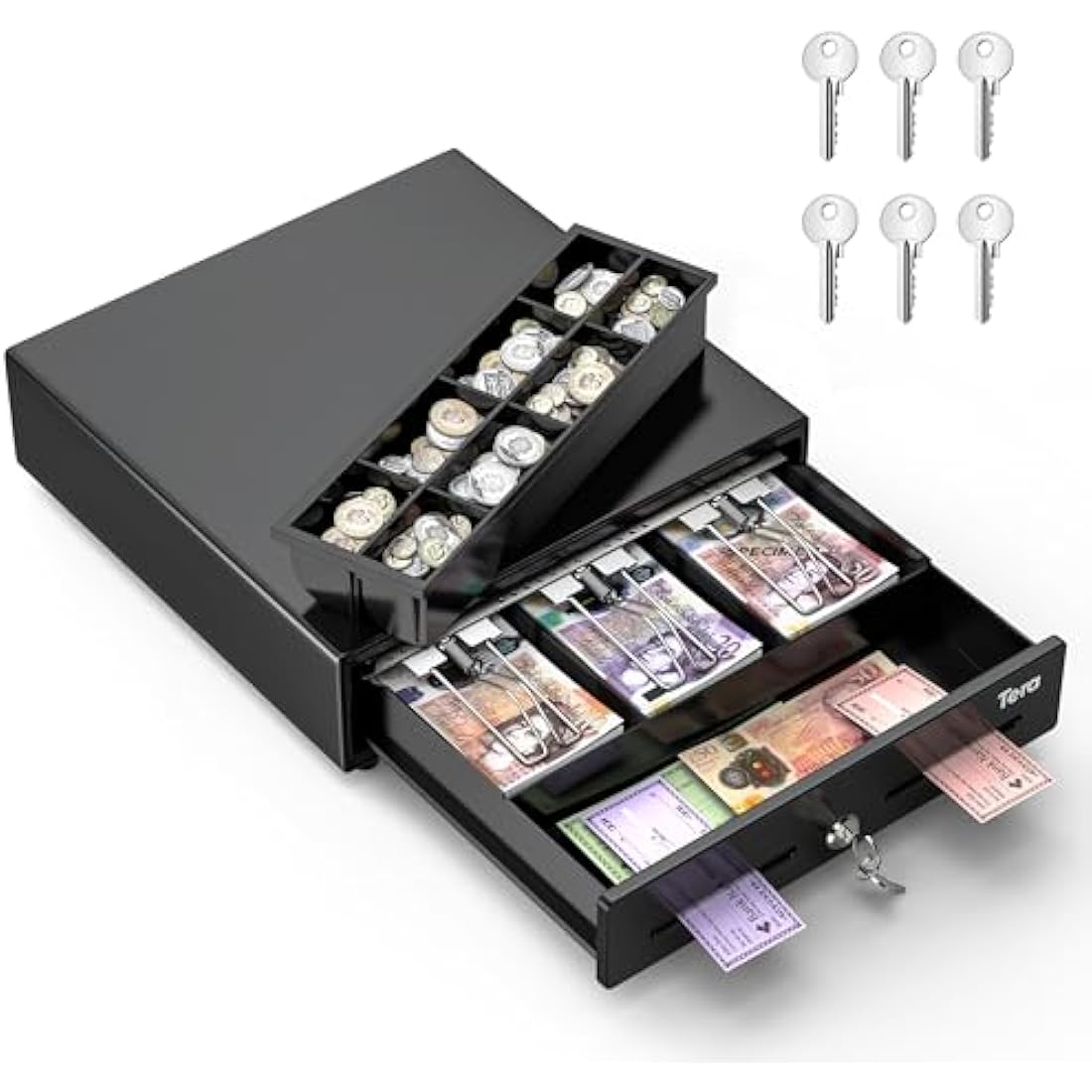 Tera 13" Cash Register Drawer Auto Open with 3 Bill 8 Coin Cash Tray 6 Keys Removable Coin Compartment Key-Lock 24V RJ12 Interface Media Slot for Point of Sale POS System Shop Business 330G