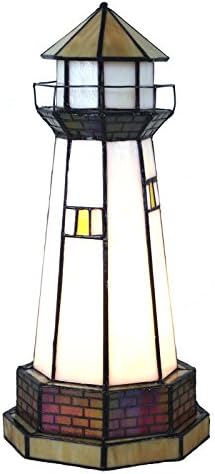 Bieye L30626 Lighthouse Tiffany Style Stained Glass Accent Table Lamp Night Light, 6" W x 12" H