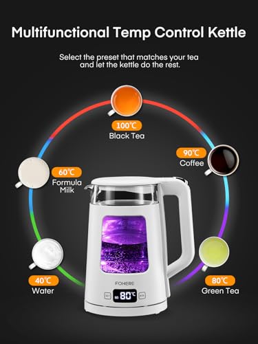 Electric Kettle, 1.7L Glass Tea Kettle, with Keep Warm, 5 Temperature Control, 2200W Fast Boil, Auto Shut-Off & Boil-Dry Protection, with 5 Colored