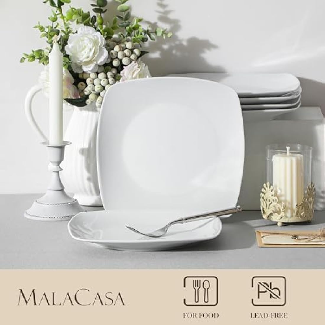 MALACASA, Series Julia, 9.2" Dinner Plates Ivory White Square Porcelain Dinner Plate Set, Pack of 6 (23.5 * 23.5 * 2cm)