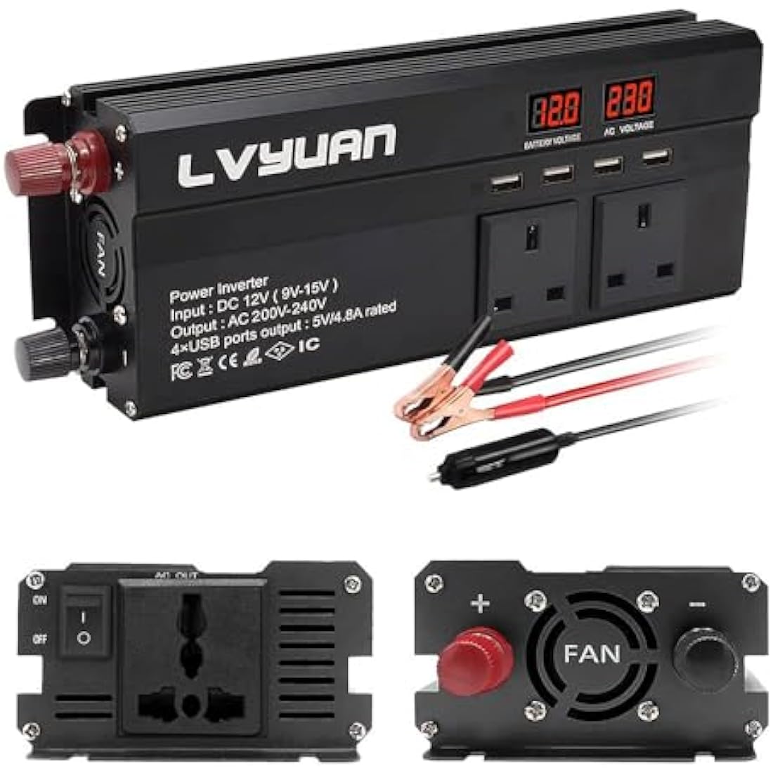 LVYUAN Power Inverter 1200/2500 W DC 12V to 240V AC Car Converter with 4 USB, 3 UK Sockets, Dual LED Display and Fan, Car Adapter, Black