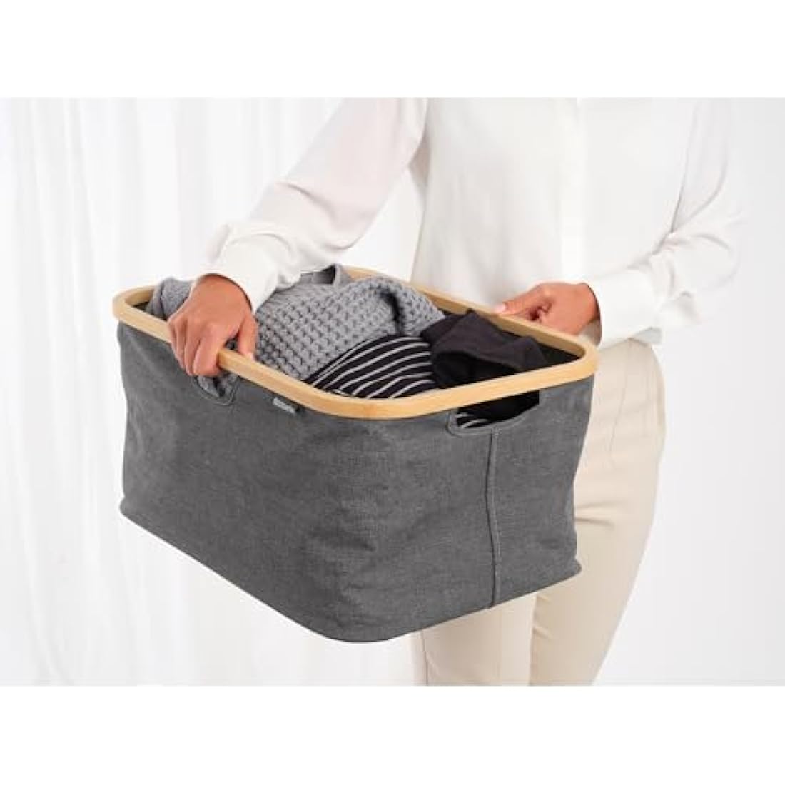Brabantia - Foldable Laundry Basket 40L - Water Resistant Hamper for Wet & Dry Laundry - Storage Basket for Clothes & Linen - Bamboo Rim for Easy Grip - Garment Washing - Home Accessory - Pepper Black