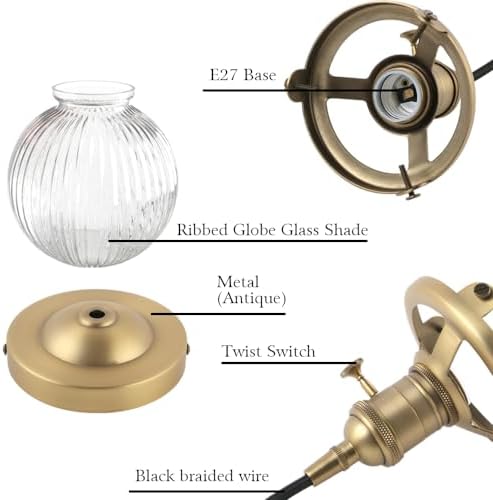 Yosoan Vintage Edison Switch Pendant Light Fiting with Ribbed Globe Glass Shade, Loft Bar Edison Hanging Ceiling Lights Chandelier for Kitchen Dining Room Bedroom Restaurant (Antique)