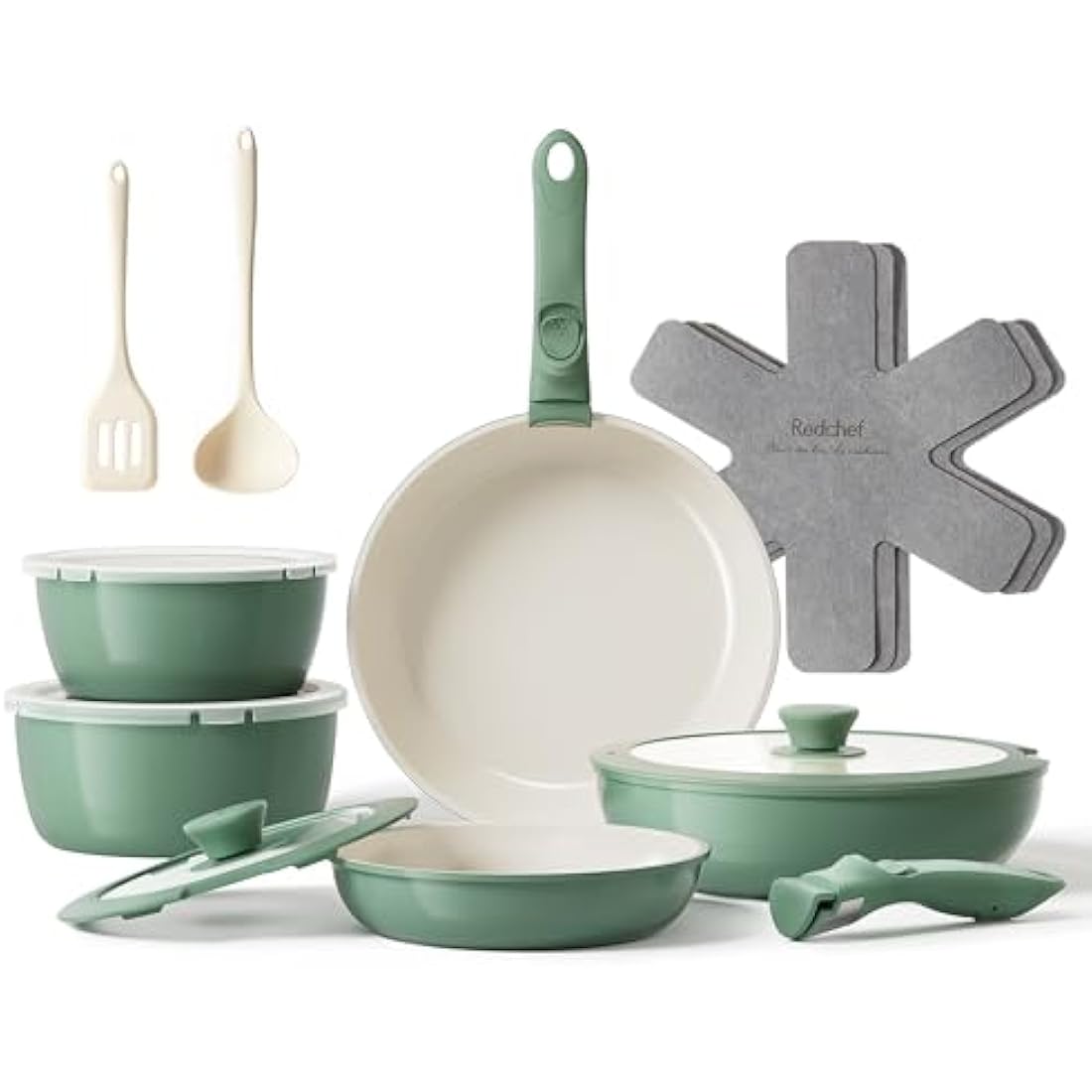 Redchef 16pcs Ceramic Pots and Pans Set Non Stick, Nonstick Cookware Set with Detachable Handle, PFAS PFOA & PTFE Free, RV Ceramic Cookware Set for Camping, Oven Safe (Green)