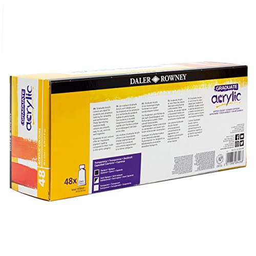 Daler-Rowney Graduate 22ml Acrylic Paint Set, 48 Assorted Colours, High Lightfastness, Water-Based, Solvent-Free, Ideal for Student Artists &