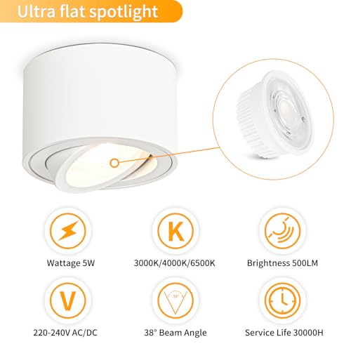 GeyouLux Dimmable LED Adjustable Projection Spotlight, 5 W Ceiling Spotlights, Diameter 80 x 50 mm, 3000 K/4000 K/6500 K, 30 Rotation Bathroom