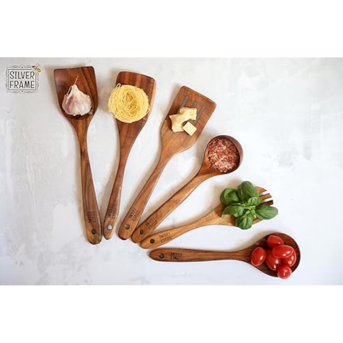 Silver Frame Wooden Spoons for Cooking, Utensils Set with Kitchen Holder -7 pcs of Teak Wood Cooking Utensils Set, Wooden Kitchen Utensils for Nonstick Pans and All Kind of Cooking