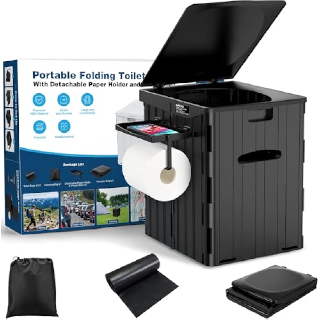 WADEO Extra-Large Camping Foldable Toilet, Heavy-Duty Portable Potty for Adults with Bigger Comfortable Seat & Sturdy Support, Travel WC for Heavy People, Big Guy, Elderly